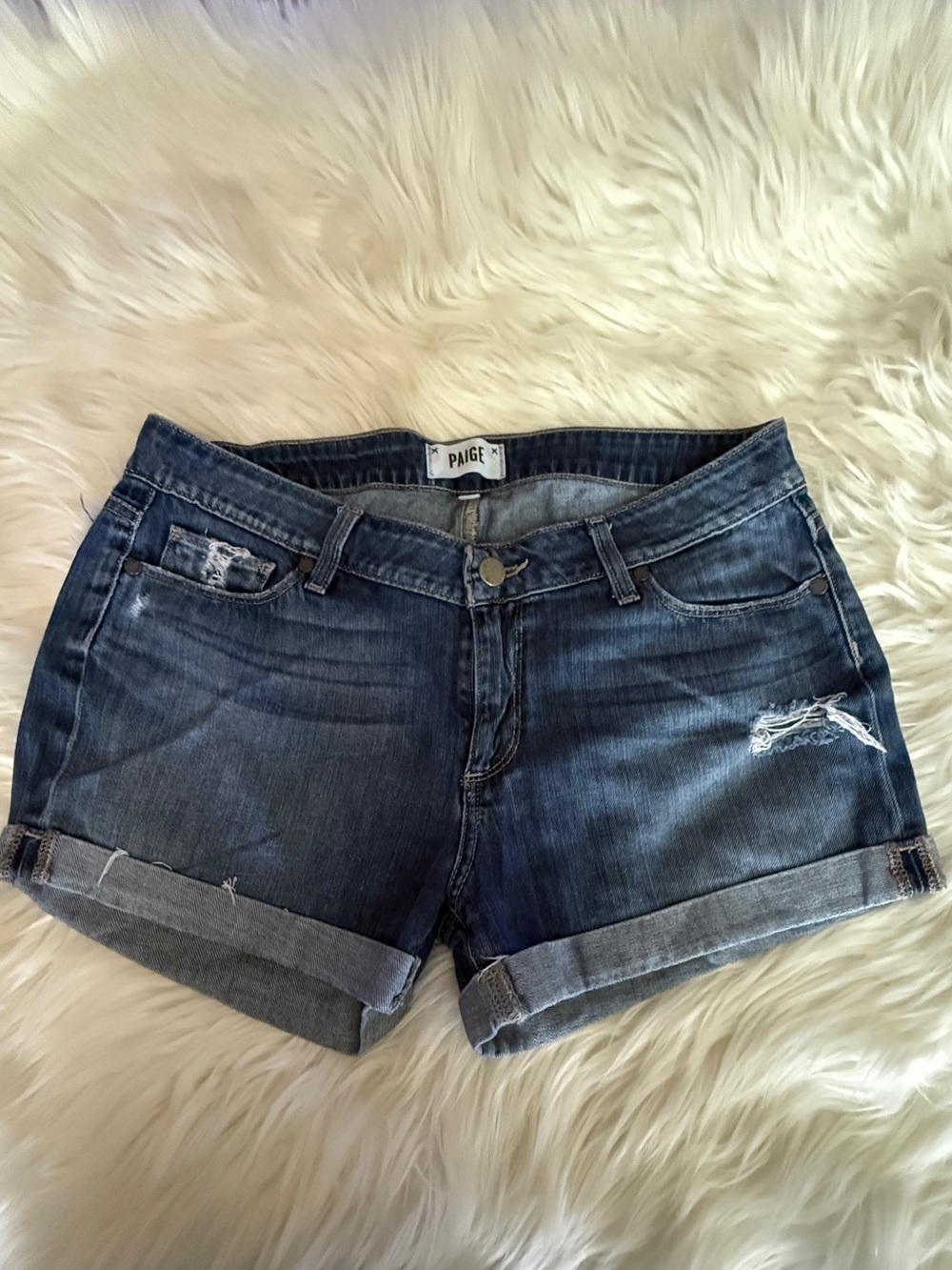 PAIGE Blue Distressed Cuffed Denim Shorts